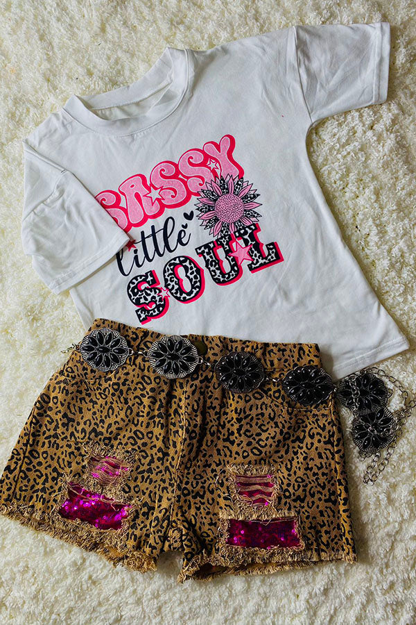 DLH2756 Kids Leopard prints & sequin patches girls denim shorts