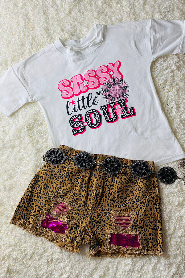 DLH2756 Kids Leopard prints & sequin patches girls denim shorts