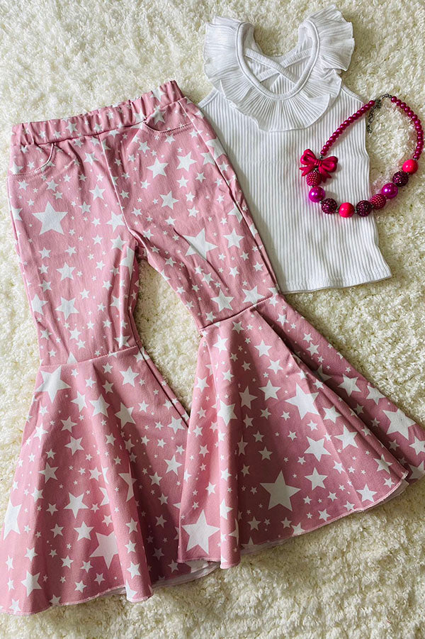 Stars printed pink denim bell bottom girls jeans DLH2716