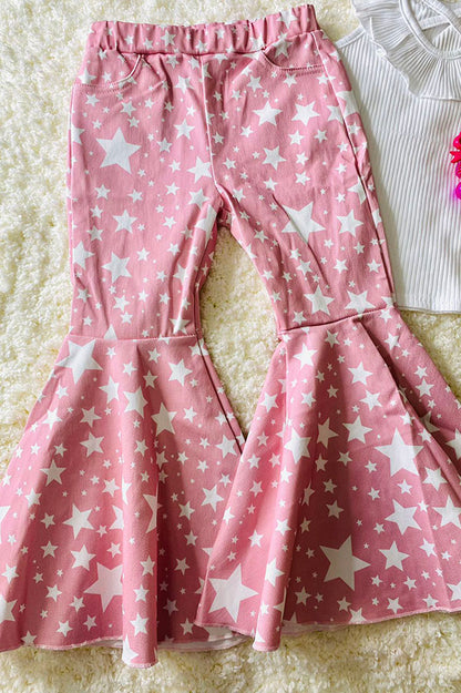 Stars printed pink denim bell bottom girls jeans DLH2716