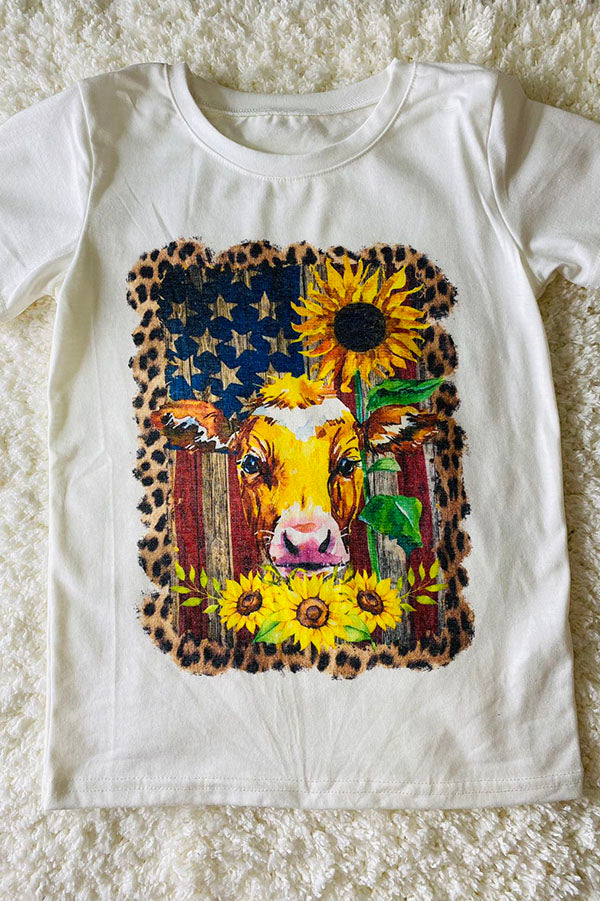 USA flag w/cow face & sunflowers short sleeve white t-shirt DLH0923-32