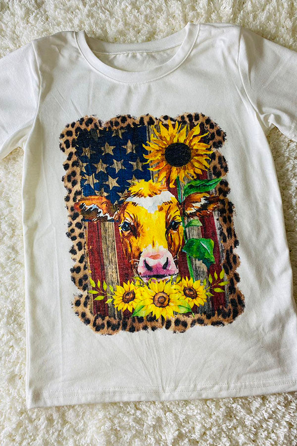 USA flag w/cow face & sunflowers short sleeve white t-shirt DLH0923-32