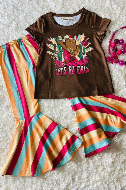 Western prints top striped bell bottom girls boutique sets XCH0333-5H