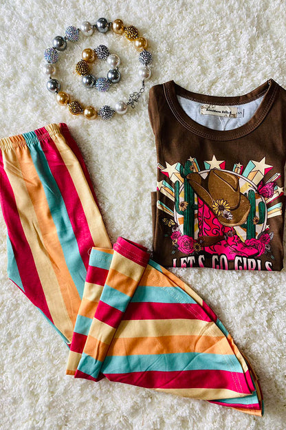 Western prints top striped bell bottom girls boutique sets XCH0333-5H