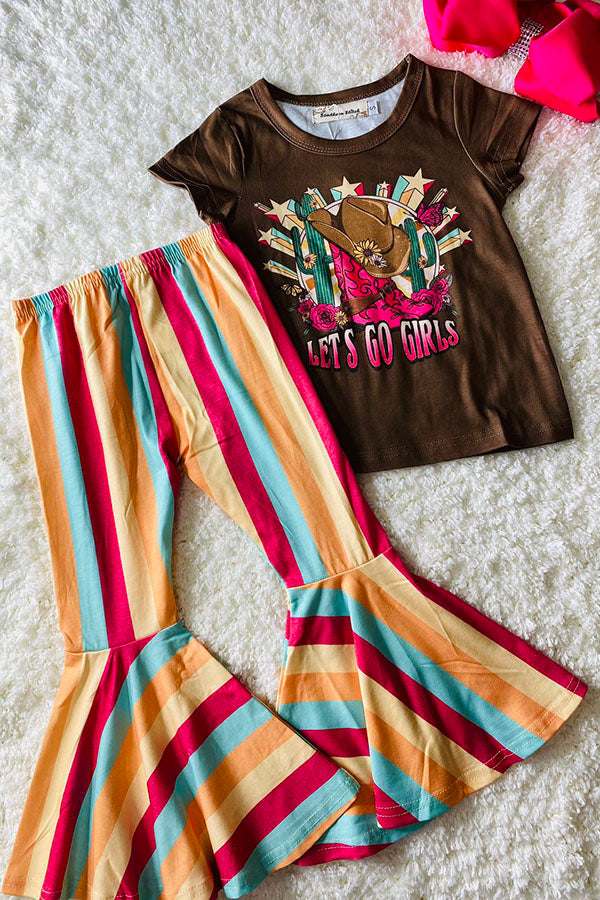 Western prints top striped bell bottom girls boutique sets XCH0333-5H