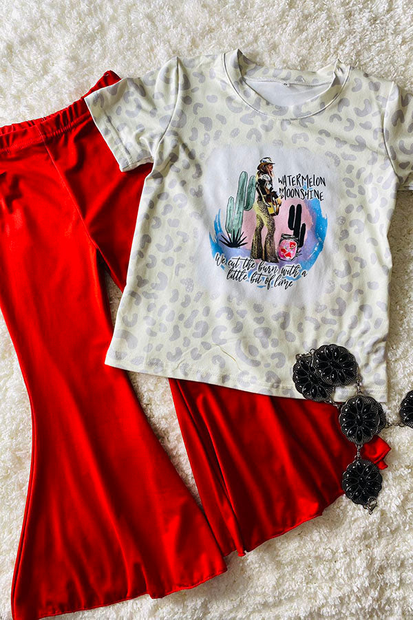 Western leopard top red flare leg pant girls boutique set DLH2750