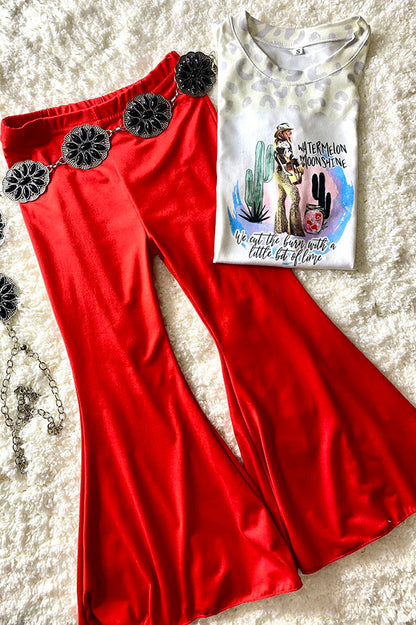 Western leopard top red flare leg pant girls boutique set DLH2750