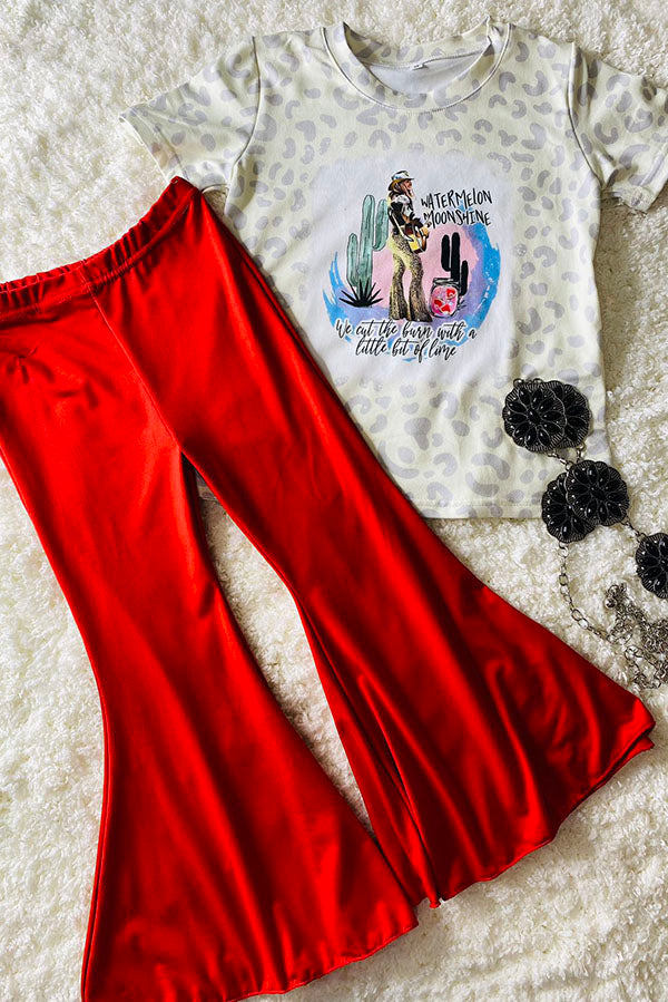 Western leopard top red flare leg pant girls boutique set DLH2750