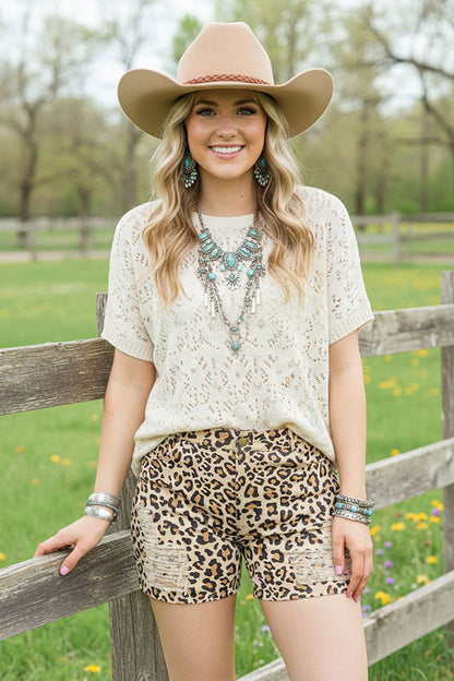 Leopard printed denim women shorts with/holes and pockets DLH14791