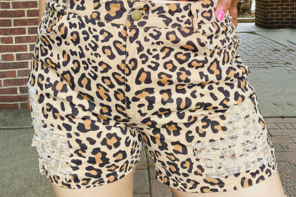 Leopard printed denim women shorts with/holes and pockets DLH14791