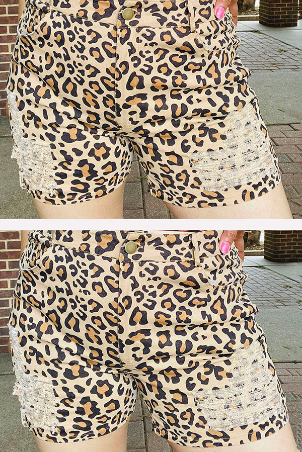Leopard printed denim women shorts with/holes and pockets DLH14791