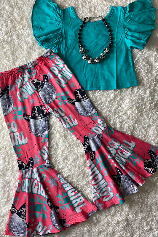 Teal flutter sleeve top DISCO COWGIRL print bottoms 2pc girls oufit sets XCH0777-19