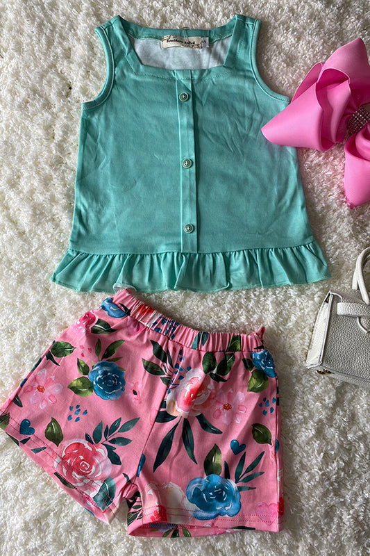 Aqua top w/pink floral shorts 2pc set XCH0333-2H