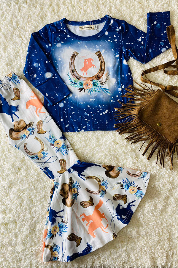 Western Rodeo horseshoe & floral pant 2pc girls boutique set XCH0013-20H