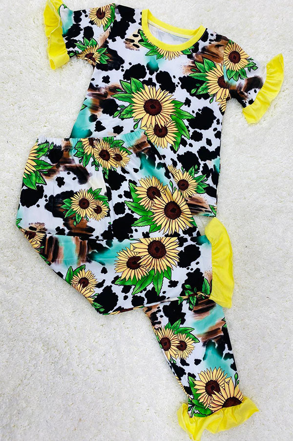 Sunflowers & cow print 2pc pajama set DLH2323