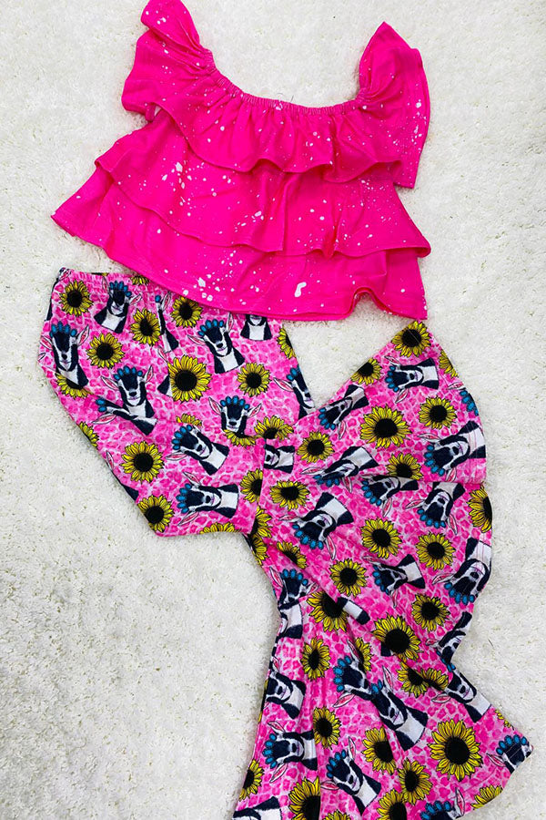 Western pink top & leoaprd & cow & sunflower girls boutique set XCH0777-26H