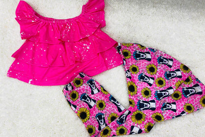 Western pink top & leoaprd & cow & sunflower girls boutique set XCH0777-26H