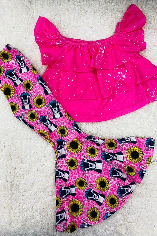 XCH0777-26H Pink  blouse w/cow & sunflower printed bell bottoms girls sets