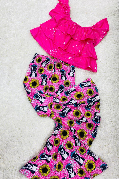 Western pink top & leoaprd & cow & sunflower girls boutique set XCH0777-26H