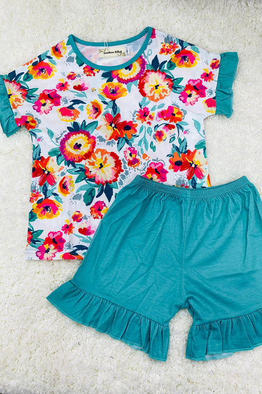 Multicolor floral top w/turquoise ruffle shorts 2pc set XCH0777-21H