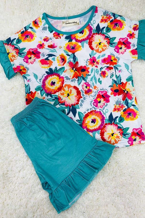 Chic floral top turquoise shorts girls boutique sets XCH0777-21H