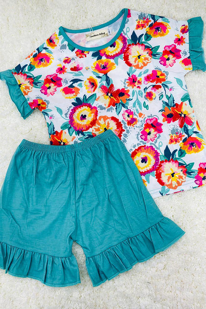 Chic floral top turquoise shorts girls boutique sets XCH0777-21H