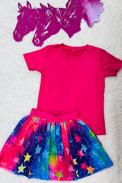 Western pink top colorful stars tulle skirt girls boutique set DLH2780