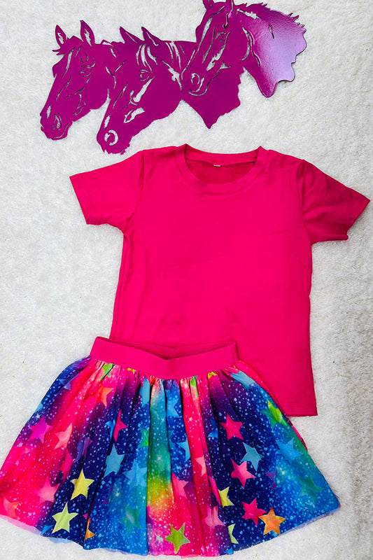 DLH2780 Pink short sleeve top stars print skirt girls sets