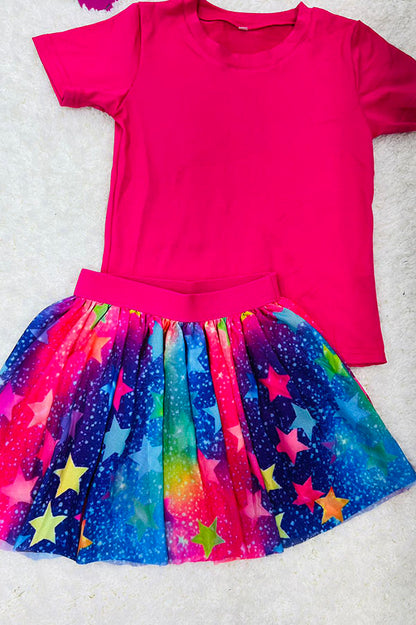 Western pink top colorful stars tulle skirt girls boutique set DLH2780