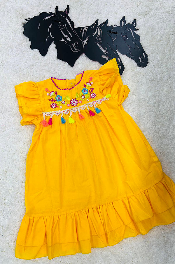 DLH2776 Floral embroidery yellow short sleeve girls dress