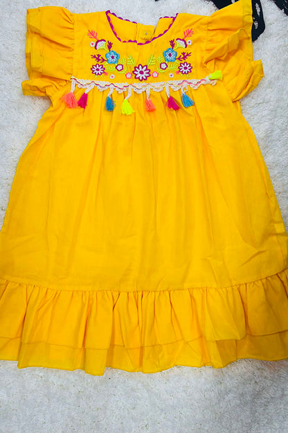 DLH2776 Floral embroidery yellow short sleeve girls dress