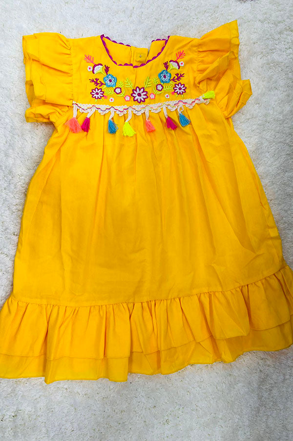 DLH2776 Floral embroidery yellow short sleeve girls dress