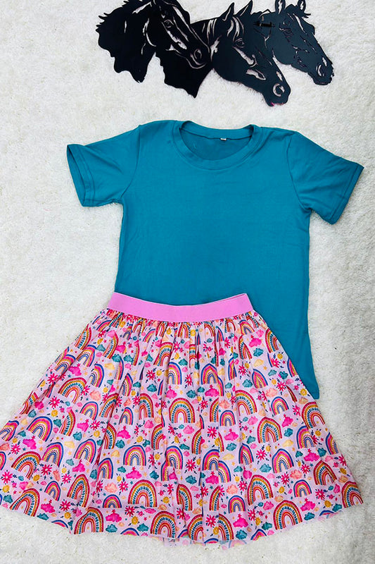 DLH2785 Turquoise short sleeve top rainbow skirt girl sets