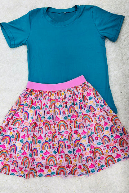 Western turquoise top rainbow mesh skirt girls boutique set DLH2785