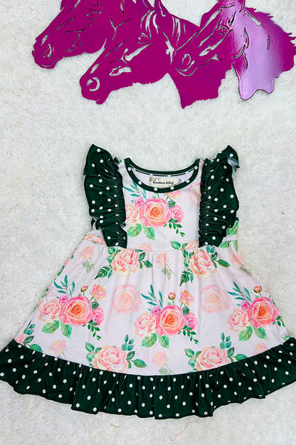 Western green dots & floral sleeveless girls boutique dress XCH0016-1H