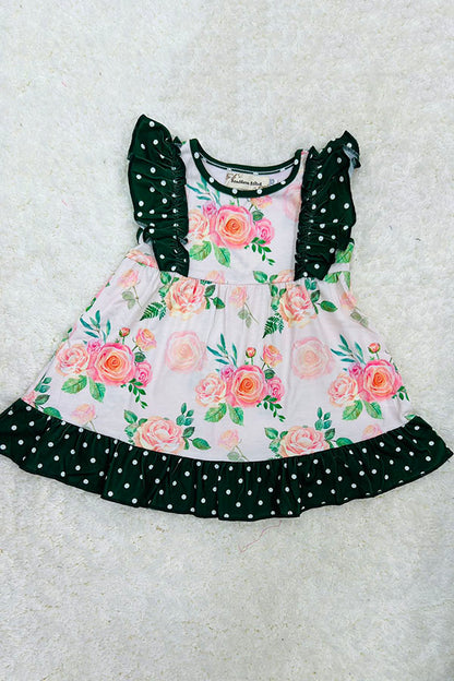 Western green dots & floral sleeveless girls boutique dress XCH0016-1H