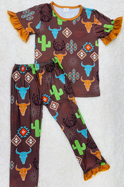 Western brown bull & cactus & aztec girls boutique sets 11907MZ