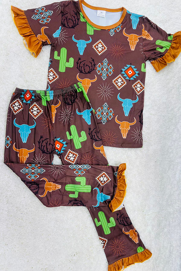 Western brown bull & cactus & aztec girls boutique sets 11907MZ
