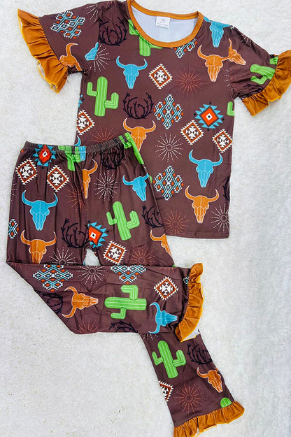Western brown bull & cactus & aztec girls boutique sets 11907MZ