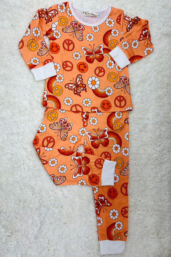 Western butterfly & flower print top & pant girls pajamas sets XCH0013-2H