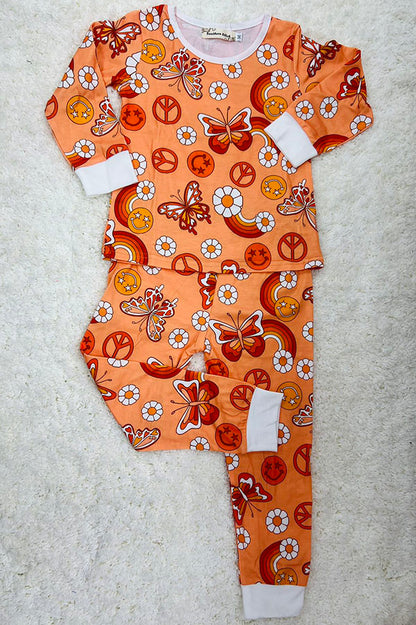 Western butterfly & flower print top & pant girls pajamas sets XCH0013-2H