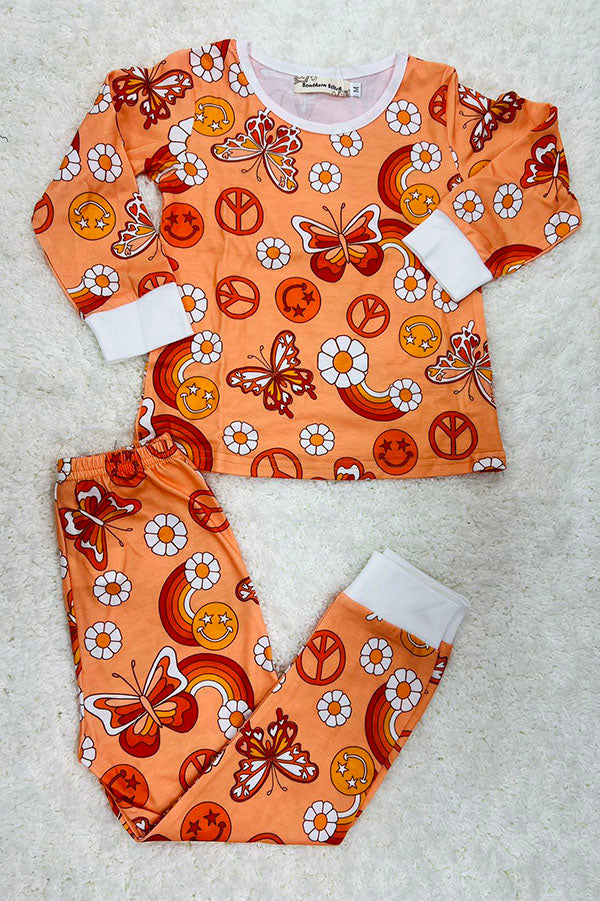 Western butterfly & flower print top & pant girls pajamas sets XCH0013-2H