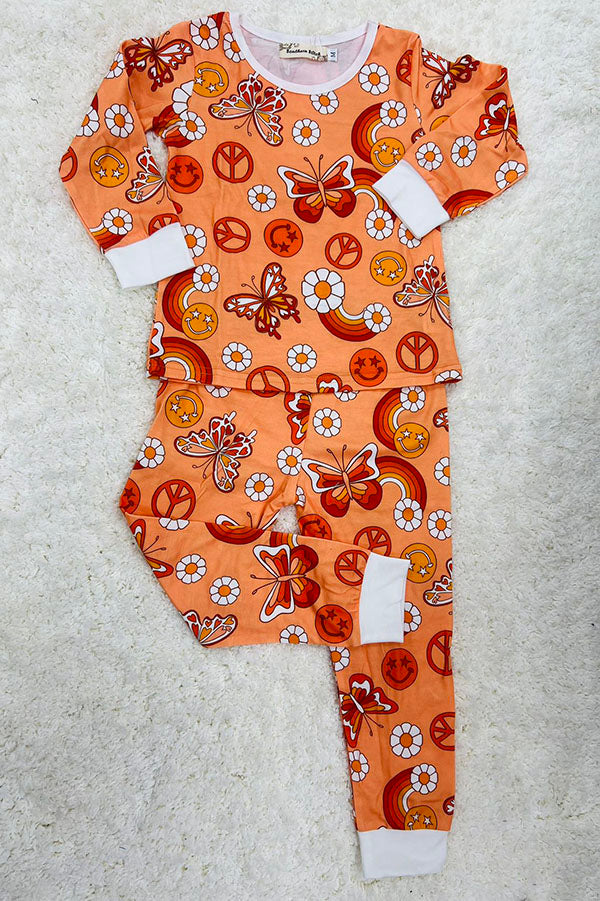 Western butterfly & flower print top & pant girls pajamas sets XCH0013-2H