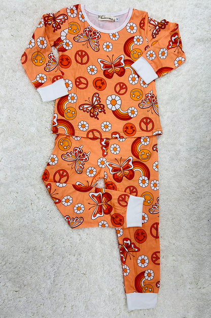 Western butterfly & flower print top & pant girls pajamas sets XCH0013-2H