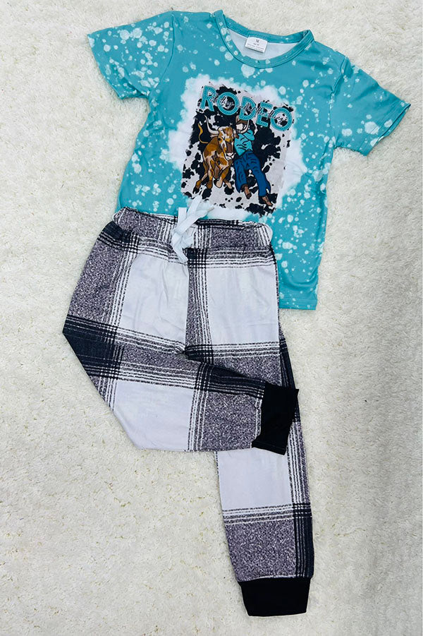 Western "RODEO" aqua top & white/black plaid pant set girls boutique set 11999MZ