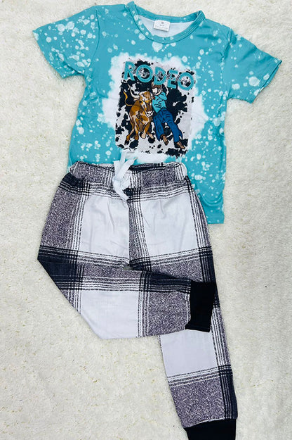 Western "RODEO" aqua top & white/black plaid pant set girls boutique set 11999MZ