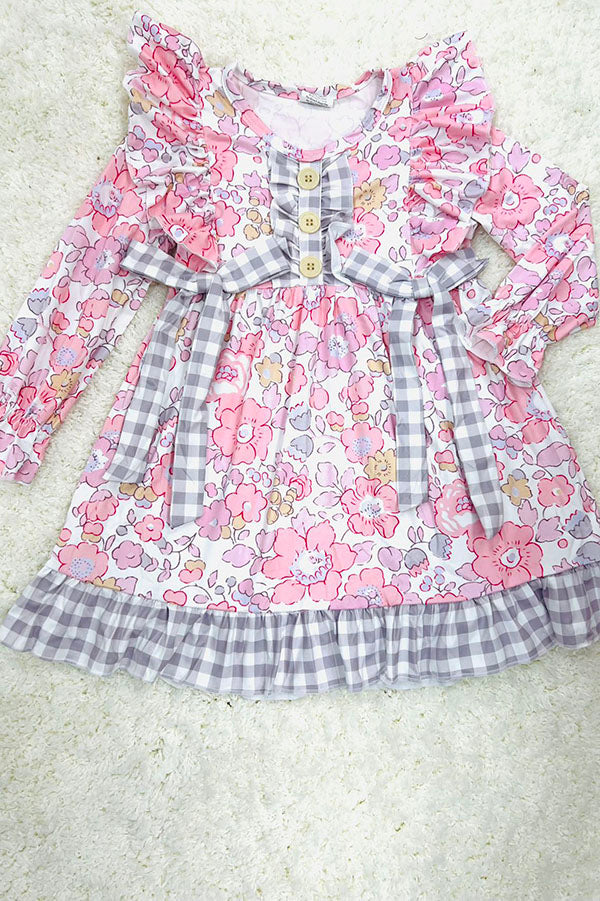 Floral printed & grey plaid ruffle long sleeve girls dress 12188MZ