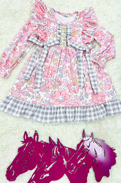 Floral printed & grey plaid ruffle long sleeve girls dress 12188MZ