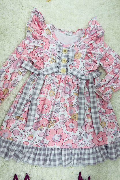 Floral printed & grey plaid ruffle long sleeve girls dress 12188MZ