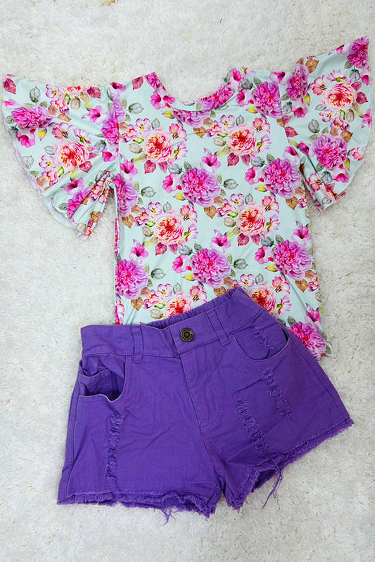 Cute floral print flutter top & denim shorts girls outfit sets wholesale DLH2389